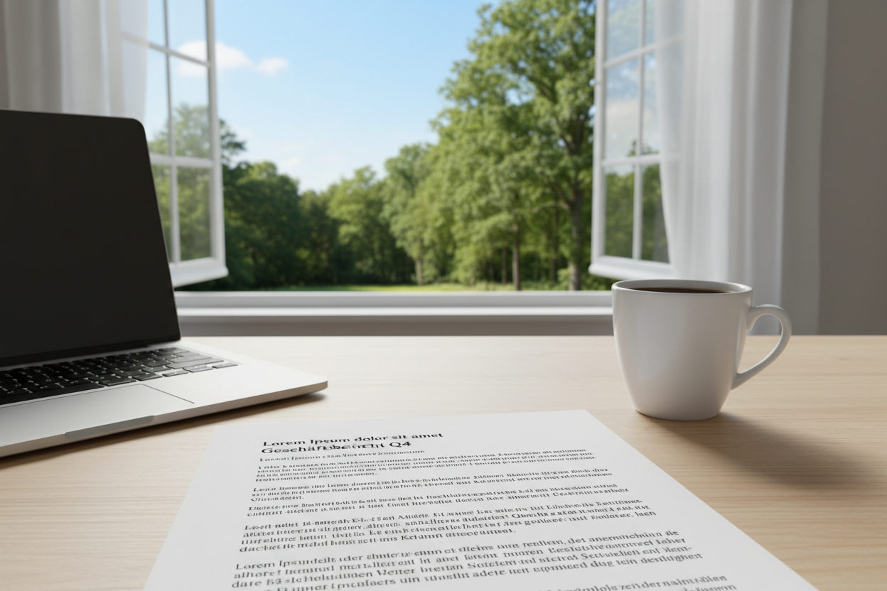 Ein Laptop, eine Kaffeetasse und ein Dokument mit Text liegen auf einem Holztisch vor einem geöffneten Fenster mit Blick auf grüne Bäume.