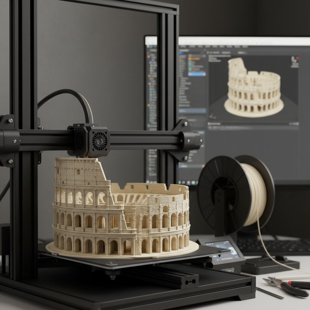 Ein 3D-Drucker druckt ein detailliertes Modell des Kolosseums aus beigem Filament, während im Hintergrund ein Computerbildschirm mit der dazugehörigen 3D-Software zu sehen ist.