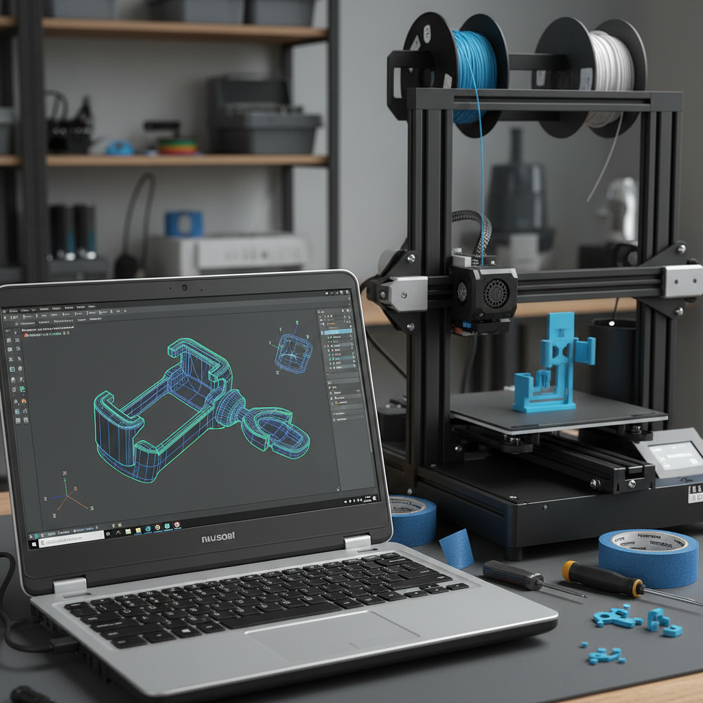 Ein Laptop mit einem 3D-Modell auf dem Bildschirm steht neben einem druckenden 3D-Drucker auf einem Werktisch.