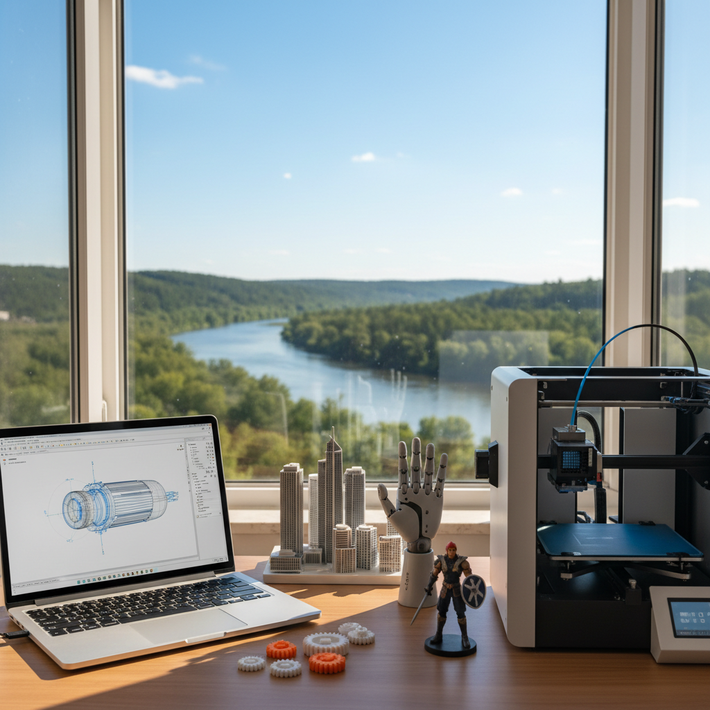Ein Schreibtisch mit einem Laptop, der ein 3D-Modell zeigt, daneben ein 3D-Drucker sowie gedruckte Modelle von Zahnrädern, einer Hand und einer Skyline, mit Blick auf einen Fluss und Wald im Hintergrund.